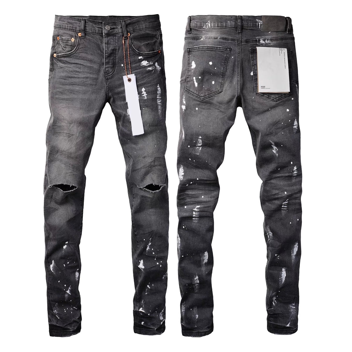 PURPLE Men Streetwear Skinny Jeans Dark Gray Wash with Knee Rips and White Paint Splatter 9039