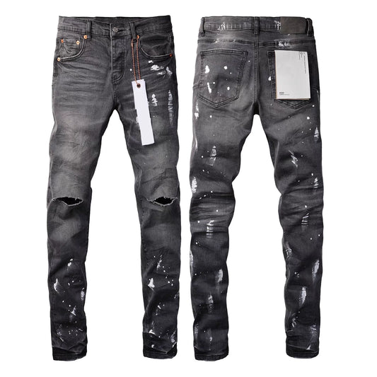 PURPLE Men Streetwear Skinny Jeans Dark Gray Wash with Knee Rips and White Paint Splatter 9039